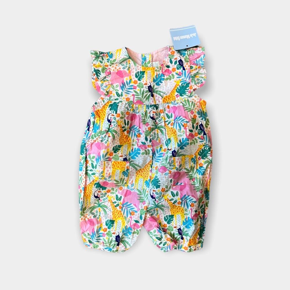 JoJo Maman Bebe Pretty Ruffle Shoulder Sunsuit Tropical Animals 0-3 Months NWT